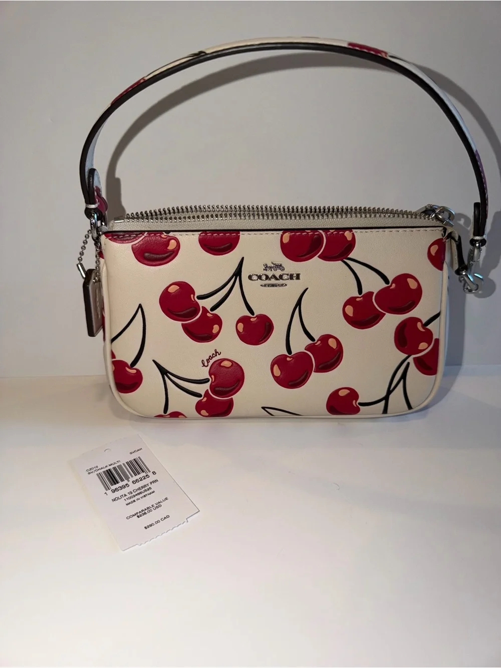 COACH New Cream Leather Small Wristlet with Red Cherry Print